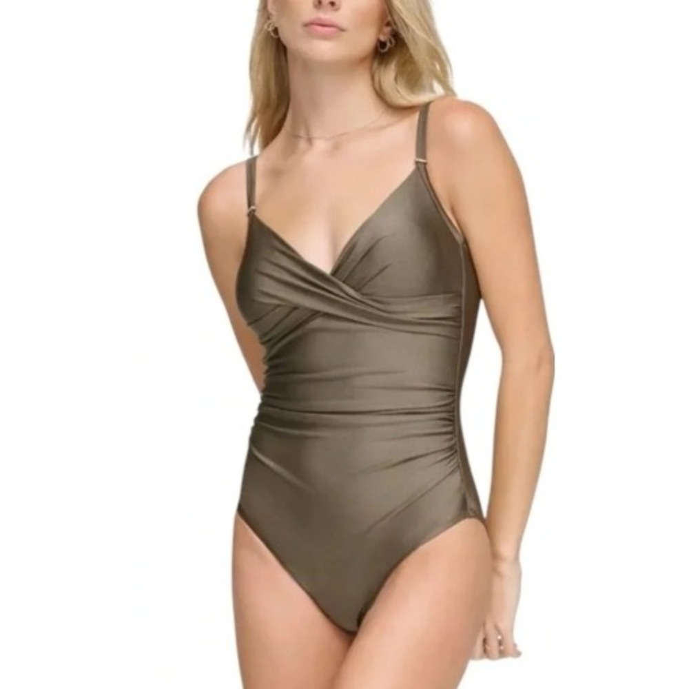 Calvin Klein One Piece Swimsuit Ruched V-Neck Bronze/Olive Size 18 Shimmer